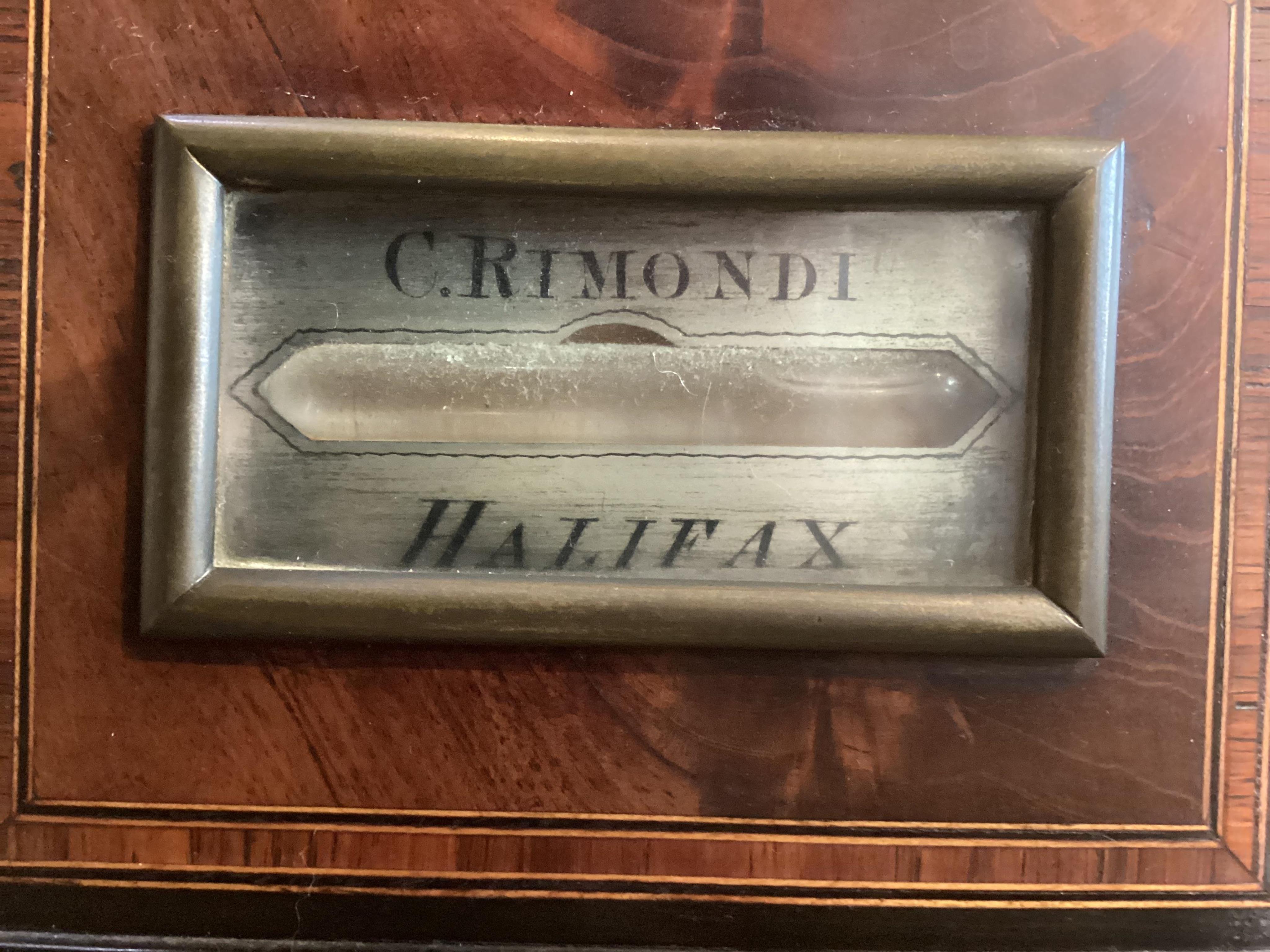 A large mid 19th century tulipwood banded mahogany wheel barometer, by C. Rimondi, Halifax